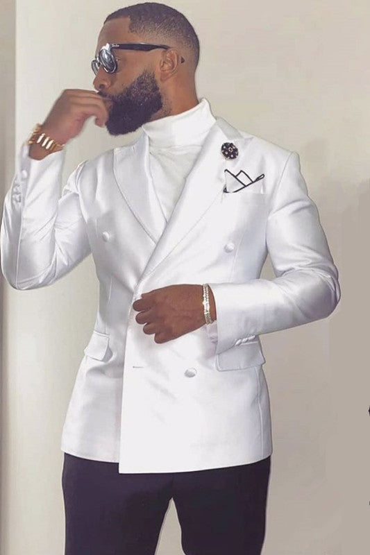 Ballbella custom made this White Peaked Lapel Double Breasted Wedding Groom Suits with rush order service. Discover the design of this White Solid Peaked Lapel Double Breasted mens suits cheap for prom, wedding or formal business occasion.