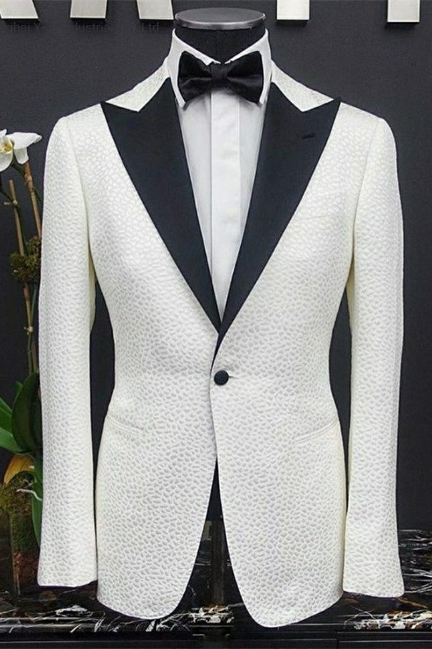 White Peaked Lapel One Button Slim Fit Wedding Groom Suits-Ballbella