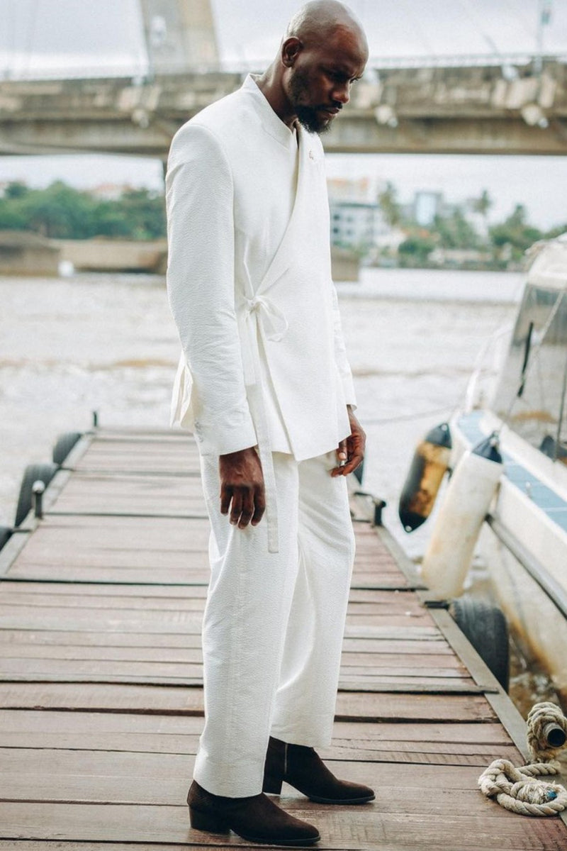 White Peaked Lapel Prom Suit with Sash