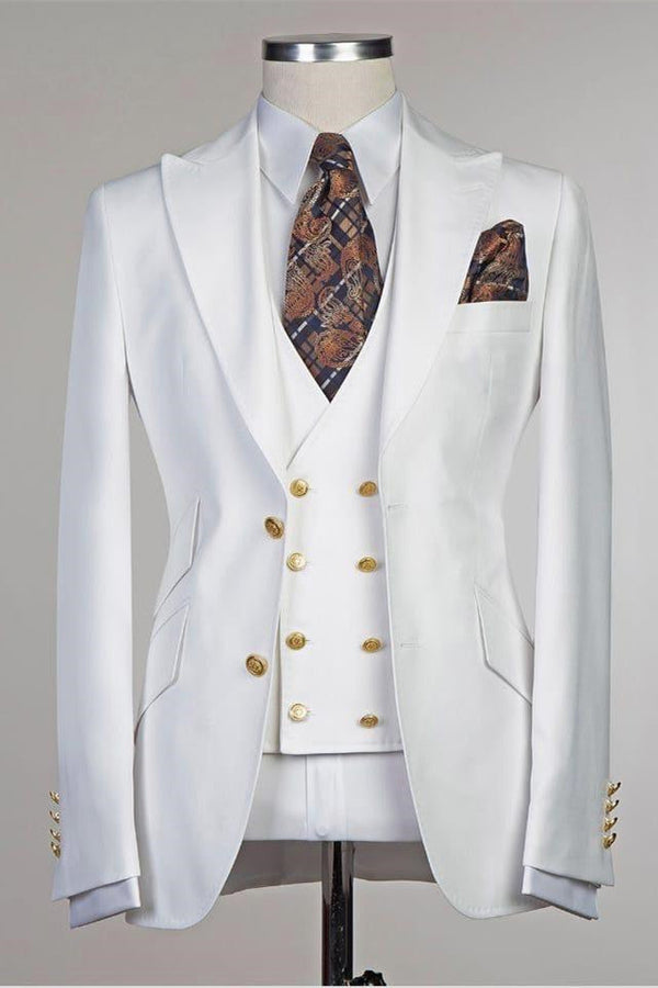 White Peaked Lapel Slim Fit Fashion Wedding Groom Suit-Ballbella