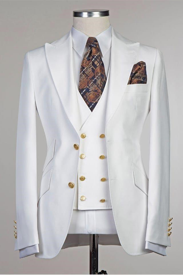 White Peaked Lapel Slim Fit Fashion Wedding Groom Suit-Ballbella