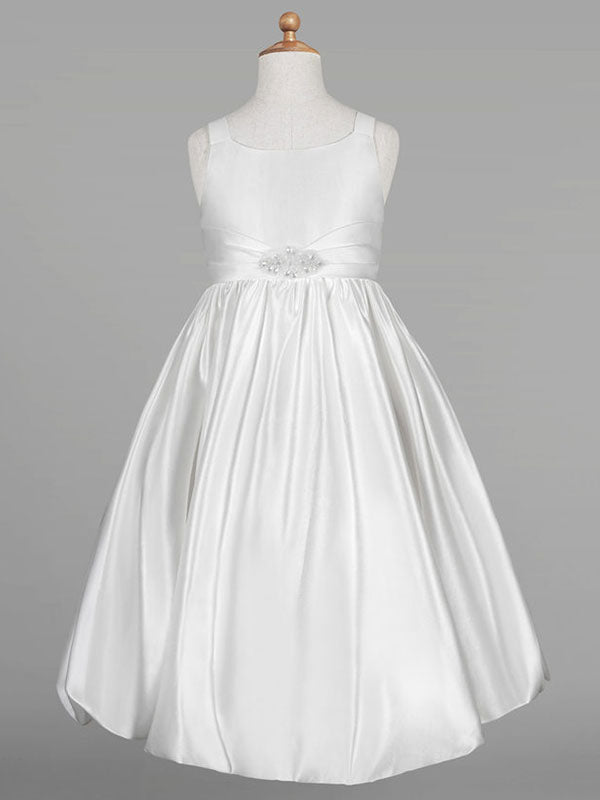 flower girl dresses White Satin Fabric Jewel Neck Sleeveless Beaded Formal Kids Pageant Dresses