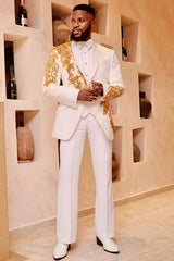 White Shawl Lapel 3-Piece Prom Suit with Golden Beading-Ballbella