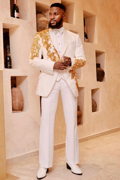 slim fit dress slacks White Shawl Lapel 3-Piece Prom Suit with Golden Beading