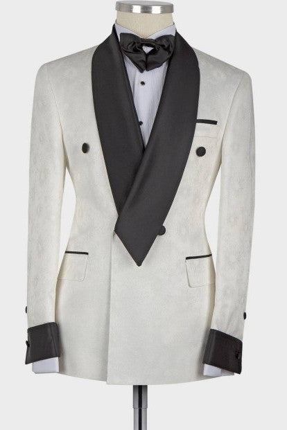 White Shawl Lapel Double Breasted Fashion Slim Fit Wedding Groom Suit-Ballbella