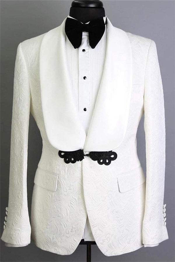 White Shawl Lapel Jacquard Groom Suits Decent Slim Fit Tuxedos for Marriage Two-pieces-Ballbella