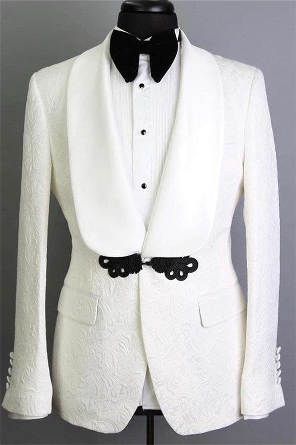 Ballbella made this White Shawl Lapel Jacquard Groom Suits, Decent Slim Fit Tuxedos for Marriage Two-pieces with rush order service. Discover the design of this White Jacquard Shawl Lapel Single Breasted mens suits cheap for prom, wedding or formal business occasion.