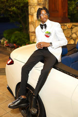 White Shawl Lapel Jacquard Prom Suit-Ballbella