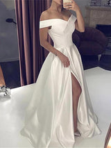 Ballbella offers White Silky Off-the-shoulder High split Princess Wedding Dress online at an affordable price from Satin to A-line Floor-length skirts. Shop for Amazing Sleeveless wedding collections for your big day.