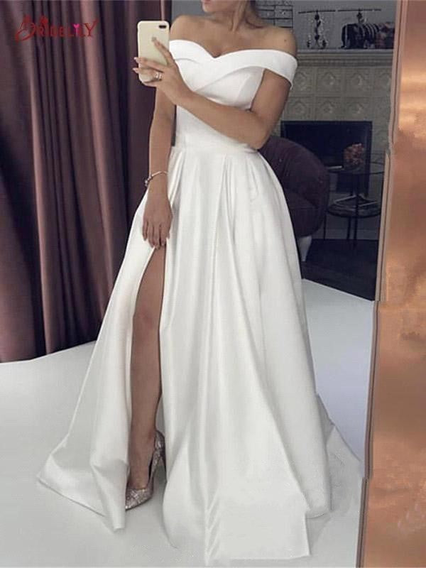 Ballbella offers White Silky Off-the-shoulder High split Princess Wedding Dress online at an affordable price from Satin to A-line Floor-length skirts. Shop for Amazing Sleeveless wedding collections for your big day.