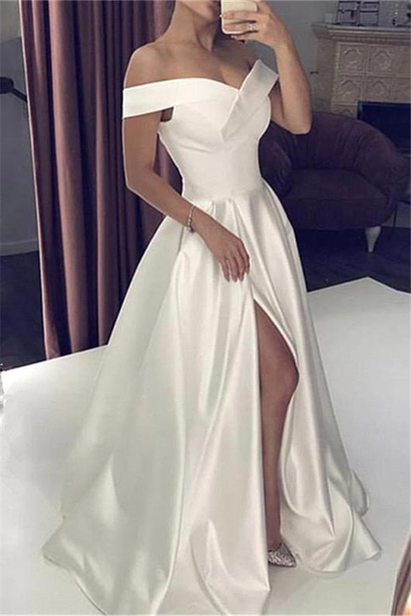 White Silky Off the shoulder High split Princess Wedding Dress-Ballbella