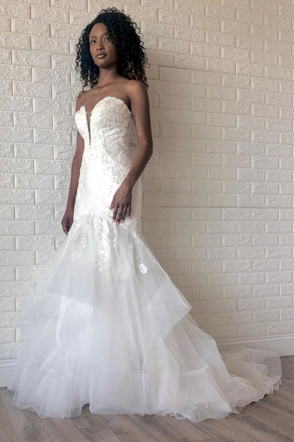 Looking for a dress in Tulle,Lace, Mermaid style,and Amazing Lace work. We have all covered on this White Sweetheart Mermaid Spring Wedding Dress with Multi-Layers design.