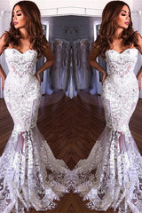 White Sweetheart Neck Sheer Lace Appliques Mermaid Wedding Dresses-Ballbella