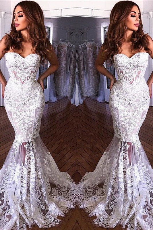 White Sweetheart Neck Sheer Lace Appliques Mermaid Wedding Dresses-Ballbella