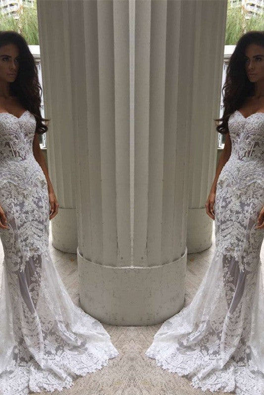 White Sweetheart Neck Sheer Lace Appliques Mermaid Wedding Dresses-Ballbella