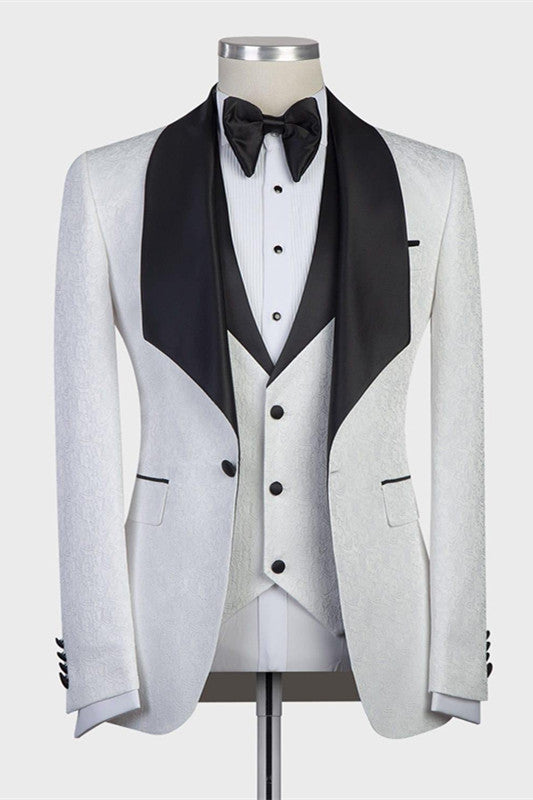 White Three-pieces Jacaquard Wedding Groom Suits with Black Shawl Lapel-Ballbella