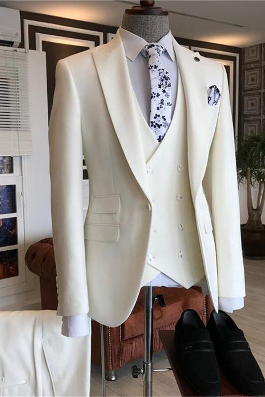White Three Pieces Peaked Lapel Bespoke Men Suits for Wedding-Ballbella