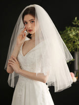 White Three-Tier Tulle Cut Edge Classic Bridal Veils-Ballbella
