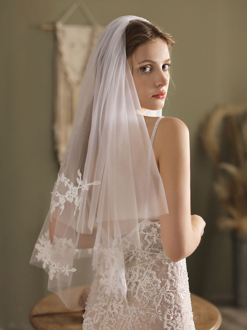 White Tulle Wedding Veils Two-Tier Lace Drop Bridal Veils-Ballbella