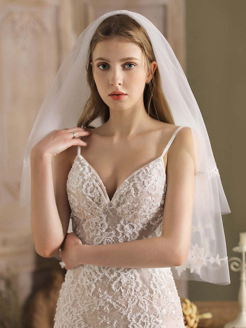 White Tulle Wedding Veils Two-Tier Lace Drop Bridal Veils – Ballbella