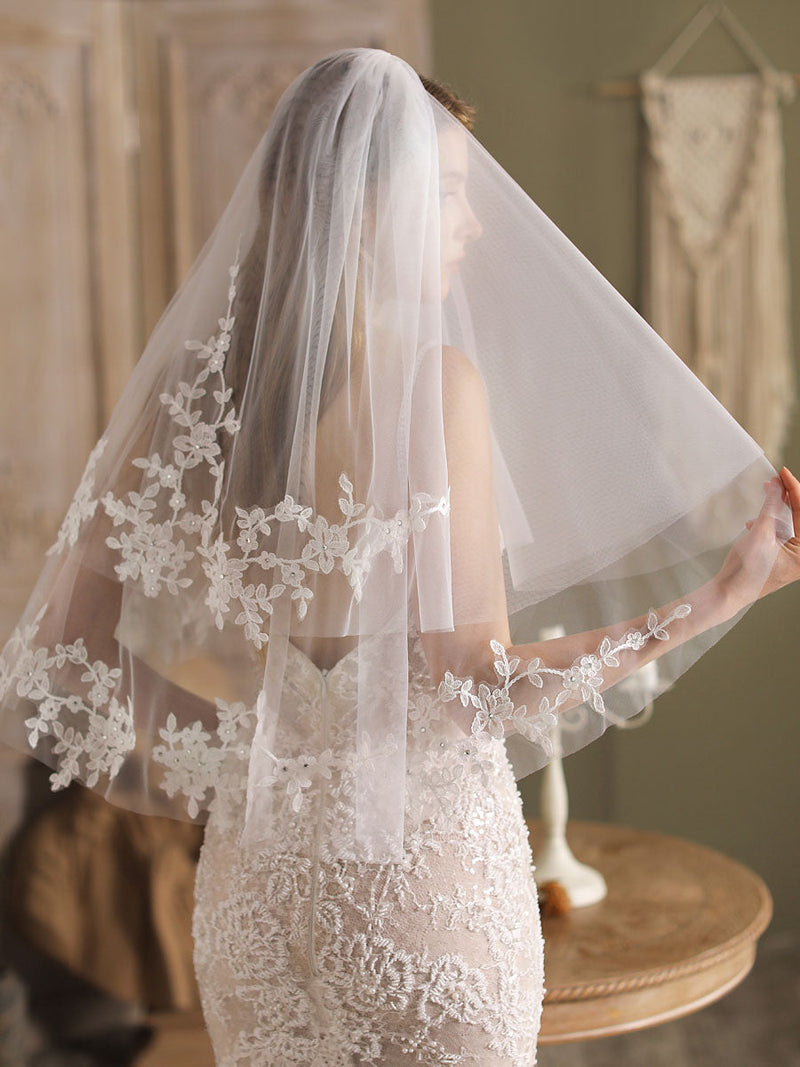 White Tulle Wedding Veils Two-Tier Lace Drop Bridal Veils-Ballbella