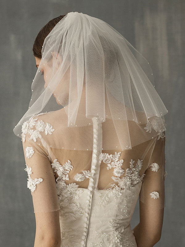 White Two Tier Pearls Tulle Cut Edge Drop Wedding Veils-Ballbella