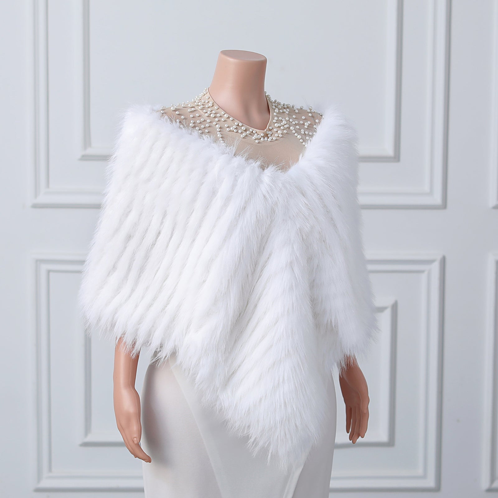 White V-neck Neckline Shawl Winter Wedding Shawl – Ballbella