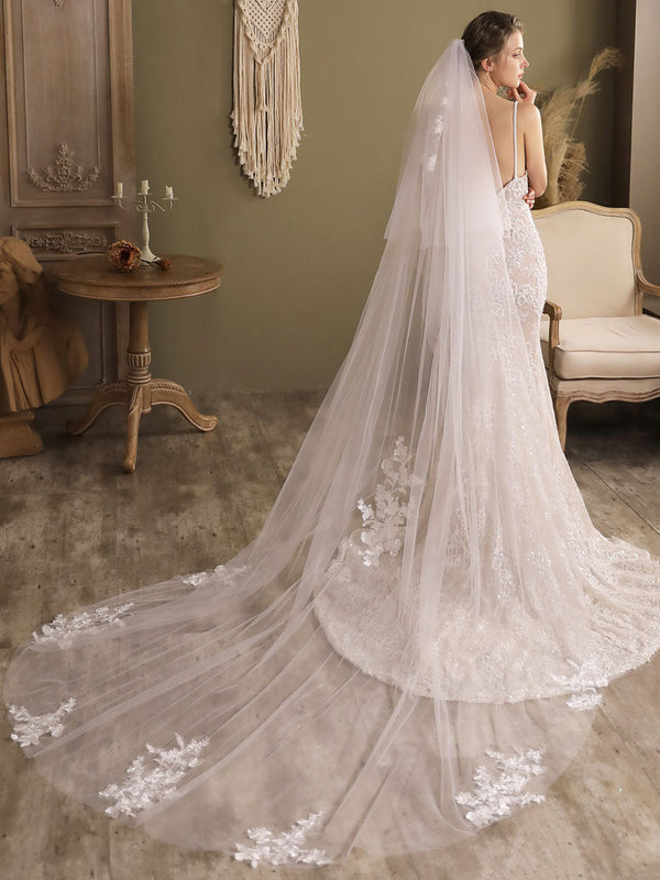 White Waterfall Two-Tier Lace Tulle Wedding Veils-Ballbella