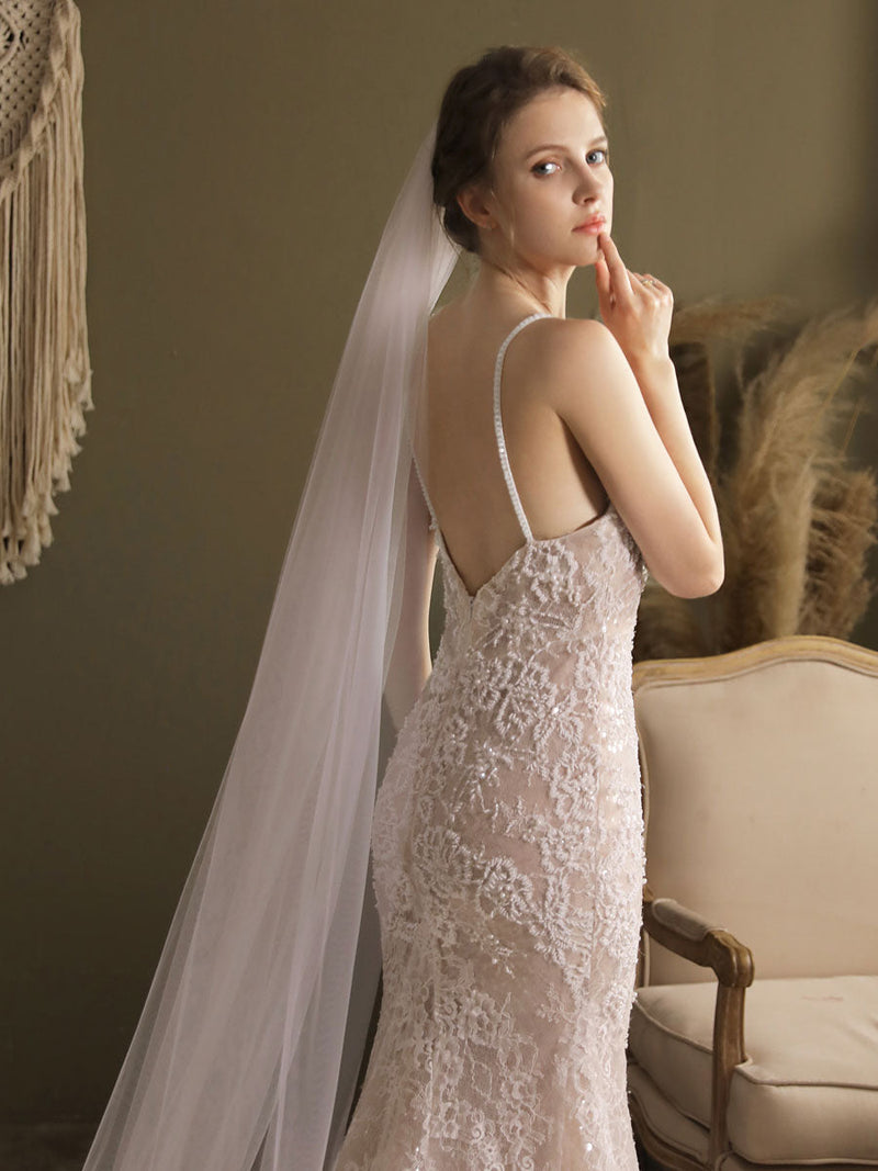 White Waterfall Wedding Veils One-Tier Tulle Bridal Veil-Ballbella