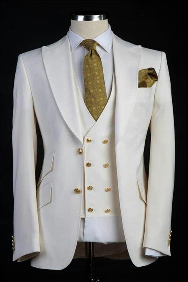 Ballbella made this White Wedding Groom Suits, Bespoke Gold Buttons Tuxedos for Men Three-pieces with rush order service. Discover the design of this White Solid Notched Lapel Single Breasted mens suits cheap for prom, wedding or formal business occasion.