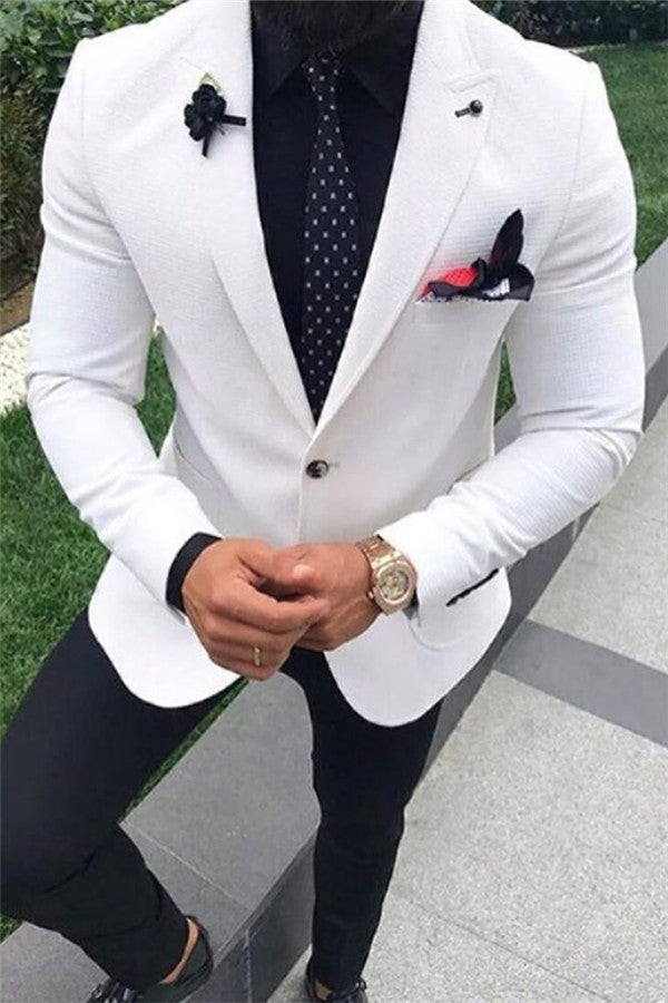 Ballbella made this White Wedding Suit for Men, Peak Lapel Tuxedo Two Pieces with rush order service. Discover the design of this White Solid Peaked Lapel Single Breasted mens suits cheap for prom, wedding or formal business occasion.