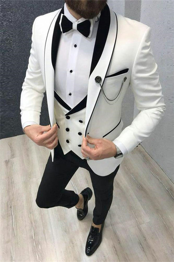Ballbella made this White Wedding Tuxedos with Black Lapel, Groom Suits for Men Three-pieces with rush order service. Discover the design of this White Solid Shawl Lapel Single Breasted mens suits cheap for prom, wedding or formal business occasion.