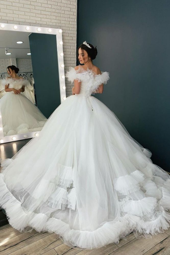 White/Ivory Off the Shoulder Puffy Tulle Lace Ball Gown Princess Bridal Gown-Ballbella