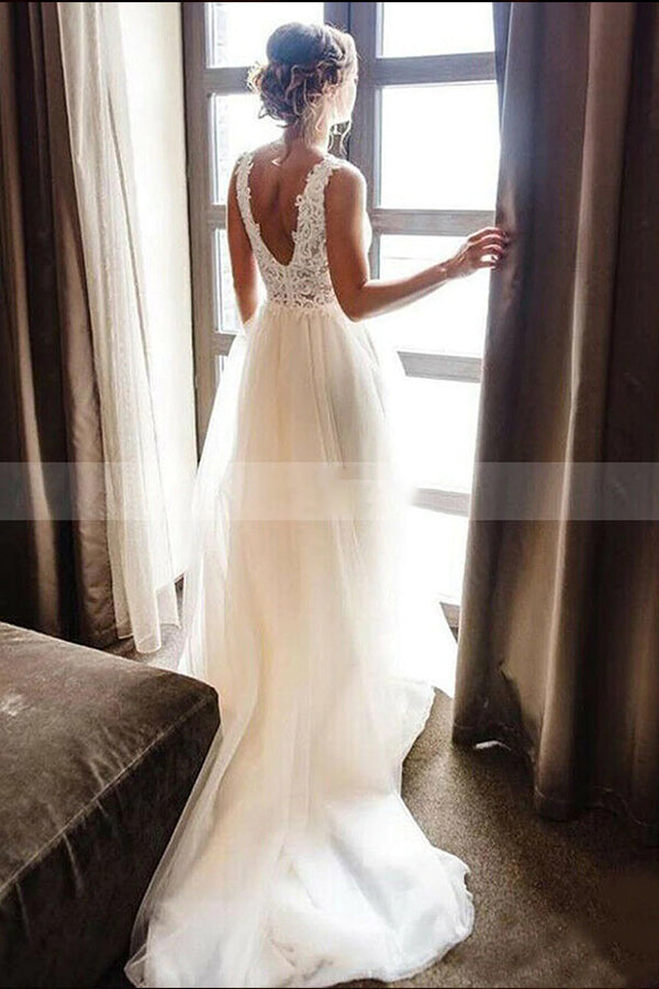 Looking for a dress in Tulle, A-line style, and AmazingBeading work? We meet all your need with this Classic White/Ivory V-Neck Lace Tulle Bridal Dress Aline Beach Wedding Dress.