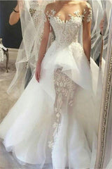Wholesale Fit and Flare Tulle Lace Wedding Dresses Short Sleeves Court Train Bridal Gown-Ballbella