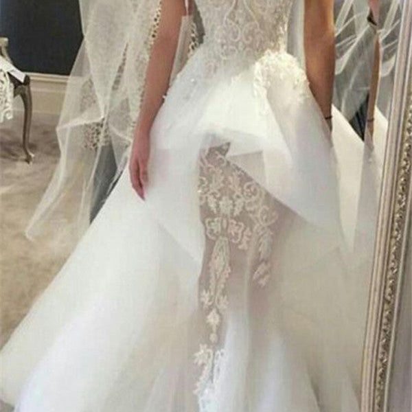 Wholesale Fit and Flare Tulle Lace Wedding Dresses Short Sleeves Court Train Bridal Gown Wholesale Fit and Flare Tulle Lace Wedding Dresses Short Sleeves Court Train Bridal Gown