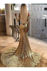 Wholesale Off-the-Shoulder Champagne Sequins Prom Dresses Elegant Long Sleeves Side Slit Evening Gowns-Ballbella