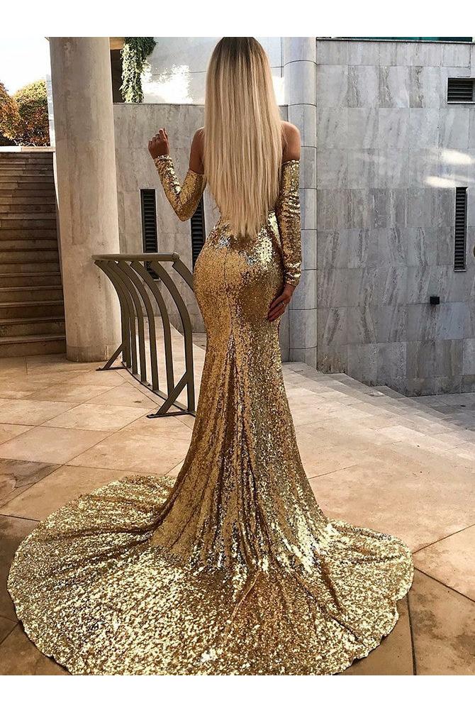 Wholesale Off-the-Shoulder Champagne Sequins Prom Dresses Elegant Long Sleeves Side Slit Evening Gowns-Ballbella