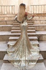 Wholesale Off-the-Shoulder Champagne Sequins Prom Dresses Elegant Long Sleeves Side Slit Evening Gowns-Ballbella