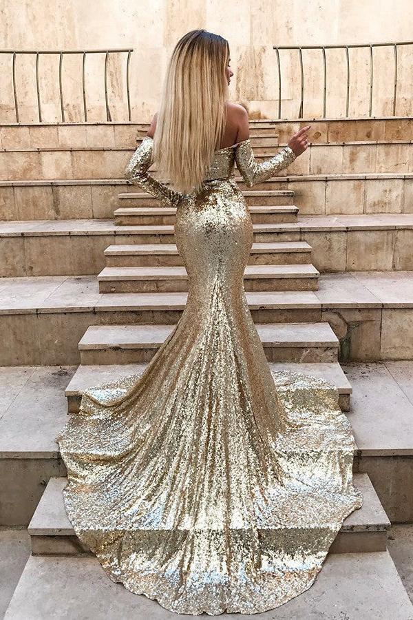 Wholesale Off-the-Shoulder Champagne Sequins Prom Dresses Elegant Long Sleeves Side Slit Evening Gowns-Ballbella