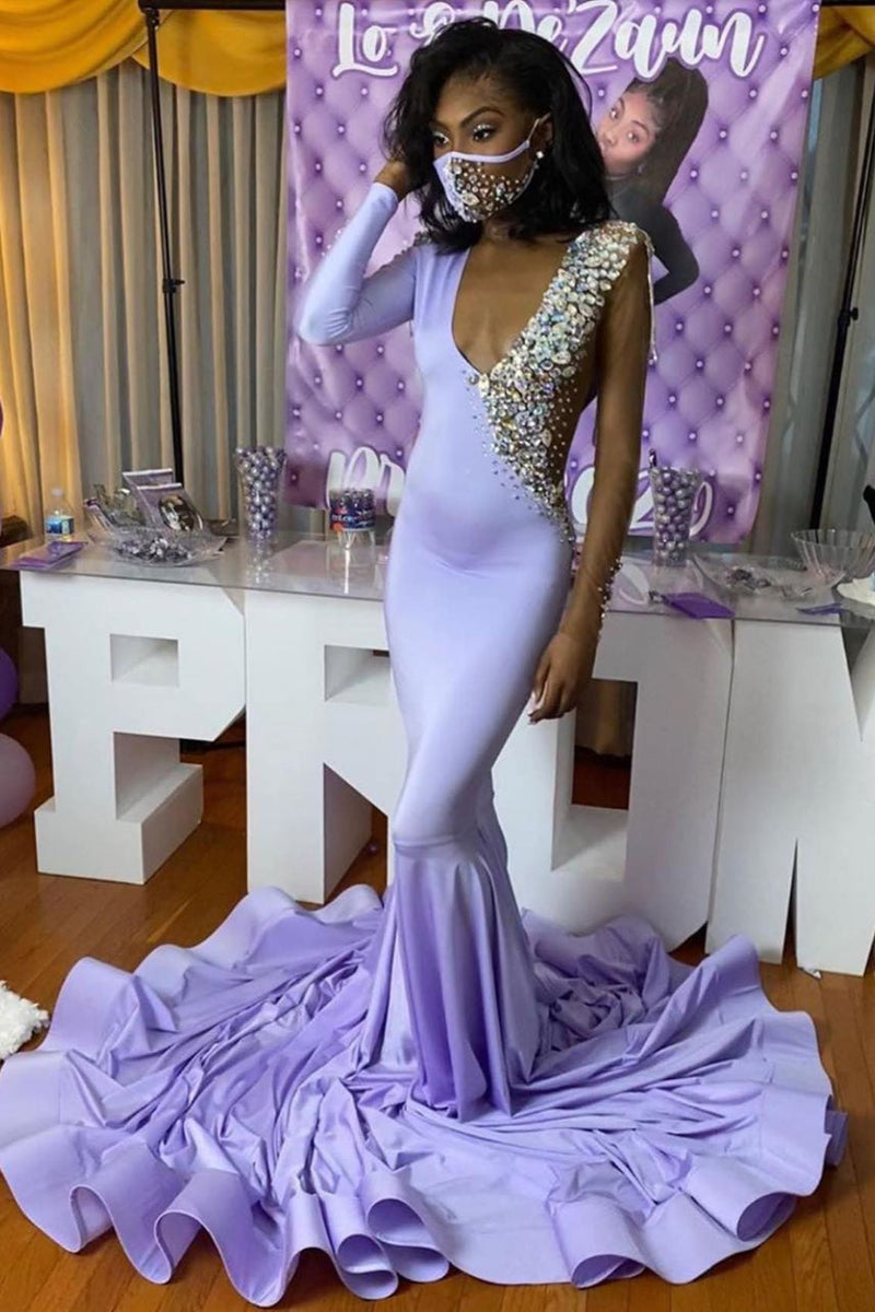 Wide Strap Purple Chiffon Mermaid Prom Dress Sequins Long With Long Sleeve On One Side-Ballbella