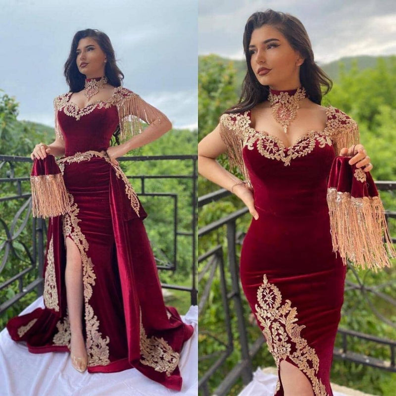 Ballbella offers Wine red evening dresses long Yellow Floral Appliques Velvet evening wear On Sale at a good price from Velvet to Mermaid Floor-length hem. Gorgeous yet affordable Sleeveless Prom Dresses, Evening Dresses.