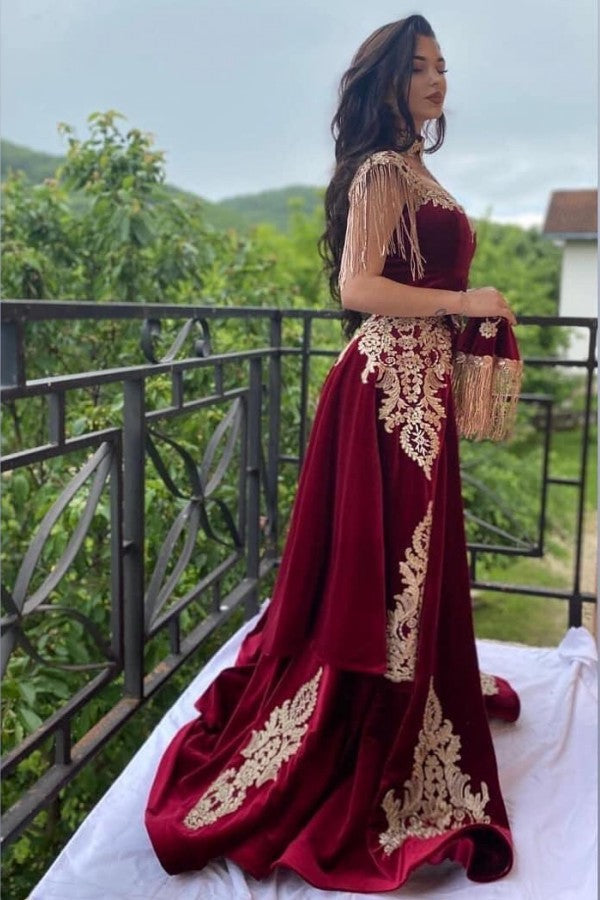 Wine red evening dresses long Yellow Floral Appliques Velvet evening wear On Sale-Ballbella