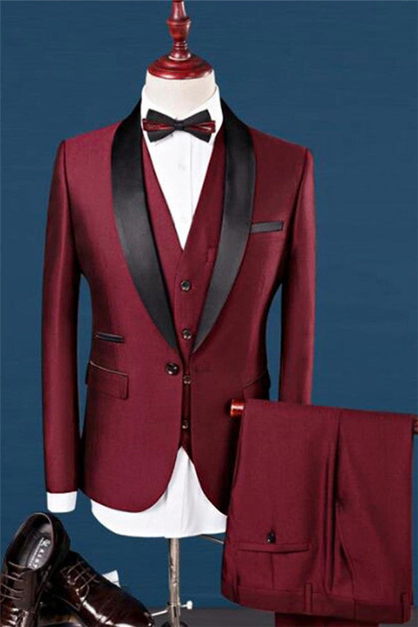 Wine Red Shawl Lapel Wedding Tuxedos Dress Men's Prom Suits 3 Pieces-Ballbella