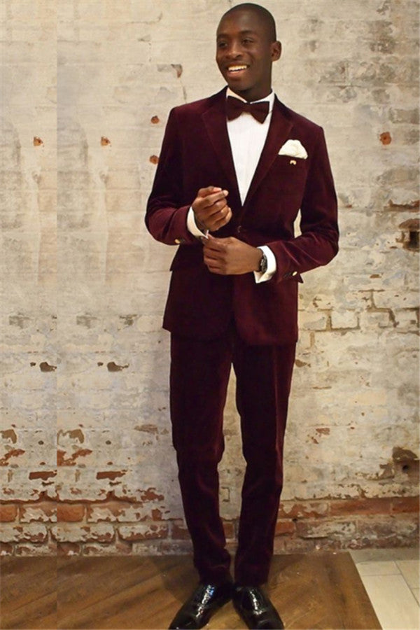 Wine Red Velvet Notched Lapel Classic Mens Suits Online-Ballbella