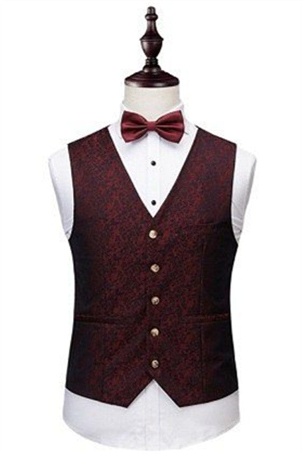 Wine Ruby Notched Laple Prom Suits for Men Bespoke Three Pieces Jacquard Tuxedo-Ballbella