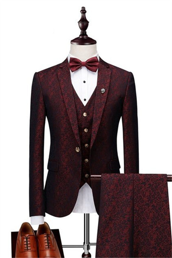 Wine Ruby Notched Laple Prom Suits for Men Bespoke Three Pieces Jacquard Tuxedo