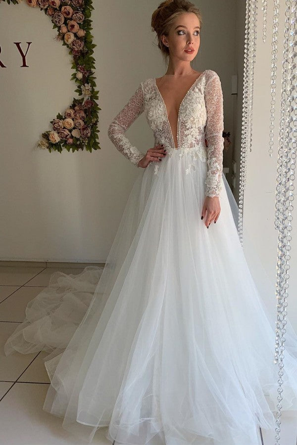 Ballbella offers Winter Warm Long Sleevess V-neck White Tulle Princess Wedding Dress at factory price from White,Ivory,Champagne,Black, Tulle,Lace to A-line Floor-length hem. All sold at reasonable price