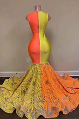 Yellow and Orange Mermaid Prom Dress Lace Long On Sale-Ballbella