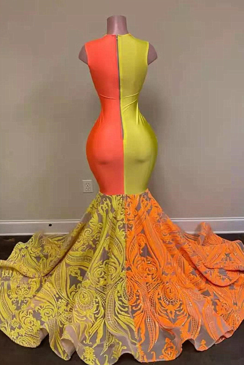 Yellow and Orange Mermaid Prom Dress Lace Long On Sale-Ballbella
